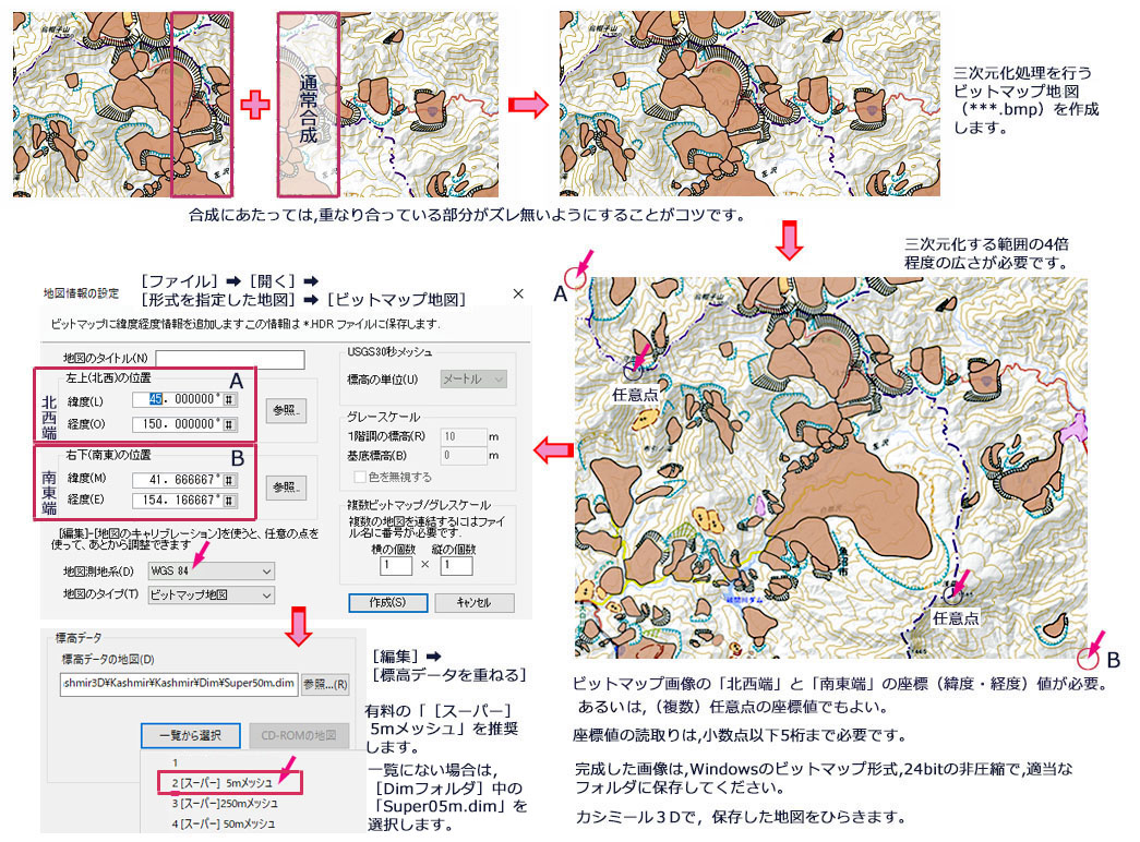 カシミール３D と 自作ビットマップ地図画像 ［地すべり地形分布図の例］